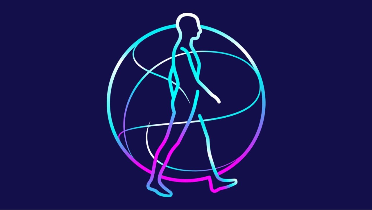 Graphic art image of male silhouette walking in blue and purple colors